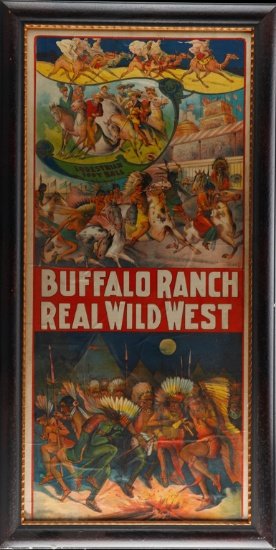 Framed Paper Poster titled "Buffalo Ranch Real Wild West", depicts numerous scenes from a Wild West