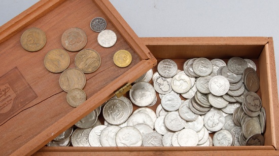 Collection of 141 pieces of American Silver Coins and nine pieces of foreign coins.  Silver coins in