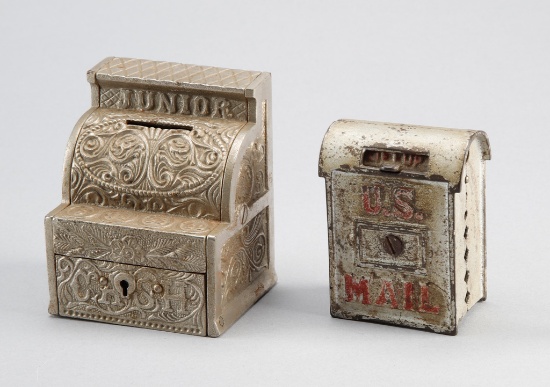 This  consists of two antique cast iron Coin Banks:  One Bank is shaped like a cash register with mo