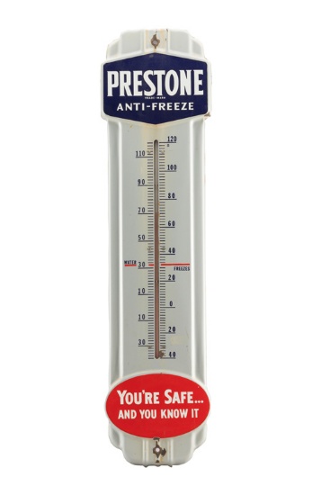 Vintage, high condition, raised porcelain Advertising Thermometer for Prestone Anti-Freeze, conditio