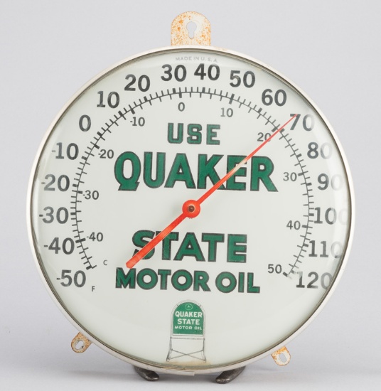 Vintage, bubble glass Thermometer for Quaker State Motor Oil, 12 1/2" across, made in U.S.A.