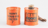 Two vintage tin Advertising Fram Filters, both have good paint with minor handling marks, 4 1/4