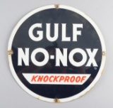 Vintage round raised porcelain Advertising Sign for Gulf No-Nox Knockproof, good condition with norm