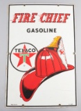 Vintage raised porcelain Advertising Sign for Texaco Fire Chief Gasoline, marked at bottom left 