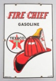 Vintage raised porcelain Advertising Sign for Texaco Fire Chief Gasoline, marked at bottom left 