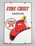 Vintage raised porcelain Advertising Sign for Texaco Fire Chief Gasoline, marked at bottom left 