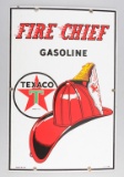 Vintage raised porcelain Advertising Sign for Texaco Fire Chief Gasoline, marked at bottom left 