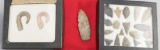 Group of three small display cases containing approximately 20 flint points, fish hooks and artifact