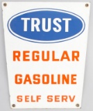 Vintage raised porcelain Advertising Sign for Trust Regular Gasoline, 14 1/8