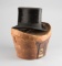 Early leather Hat Case containing an early Beaver Top Hat.  NOTE: Hat has round cheaters mirror insi