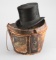 Early leather Hat Case containing cheaters Beaver Top Hat with silk hat band, and hide away Holster