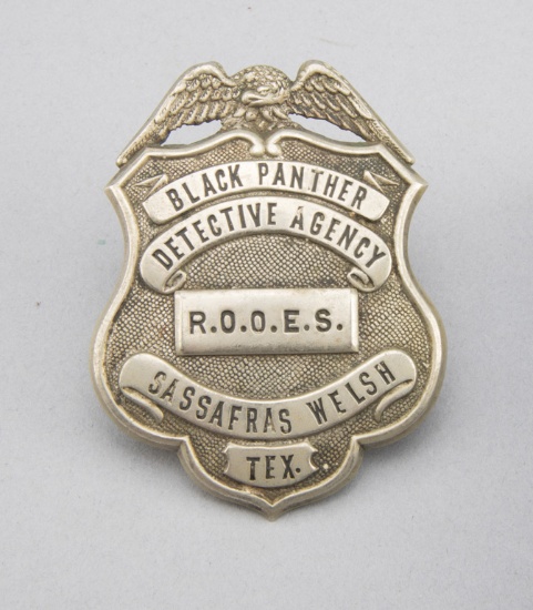 Black Panther Detective Agency, R.O.O.E.S., Sassafras Welsh, Tex. Shield Badge with Eagle Crest, 3"