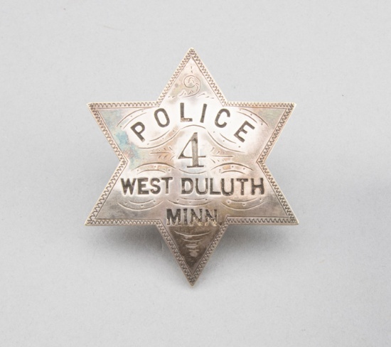 Police, "4", West Duluth, Minn. Badge, 6-point star, 2 3/4" across points, silver plated, hallmark "