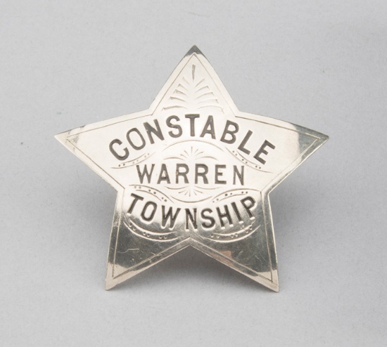 Constable, Warren Township Badge, 5-point star, 3" across points, hallmark "Tower & Lyon, 95 Chamber