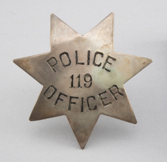 Early, Police Officer, "119", Badge, 7-point star, 2 3/4" across points, California style, possibly