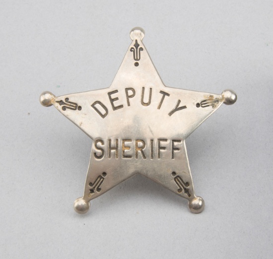 Deputy Sheriff Badge, 5-point ball star stock badge, 2 3/4" across points, hallmark "AM.PAC.STP.CO.,