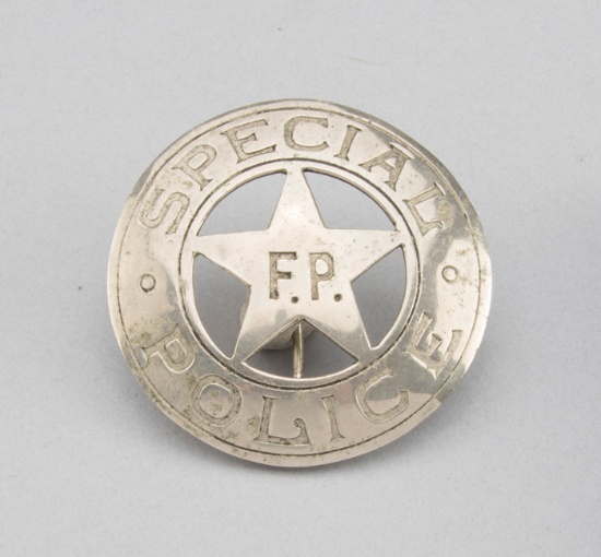 Special Police, F.P. Badge, circle star, 2 1/2" diameter, hallmark "J.O. Irvine, 751 Market St."  Ge