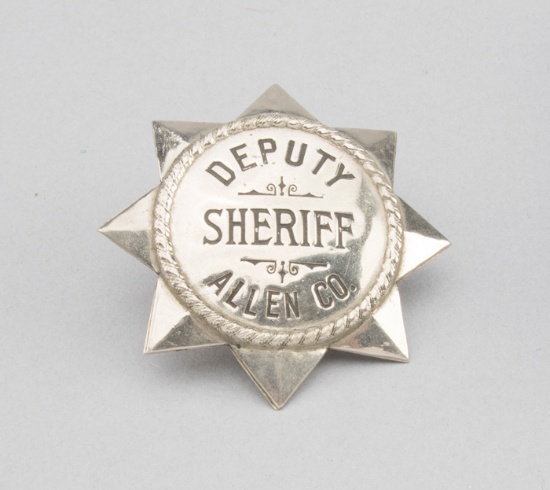 Deputy Sheriff, Allen Co. Badge, 8-point star, 3" across points.  George Jackson Collection.