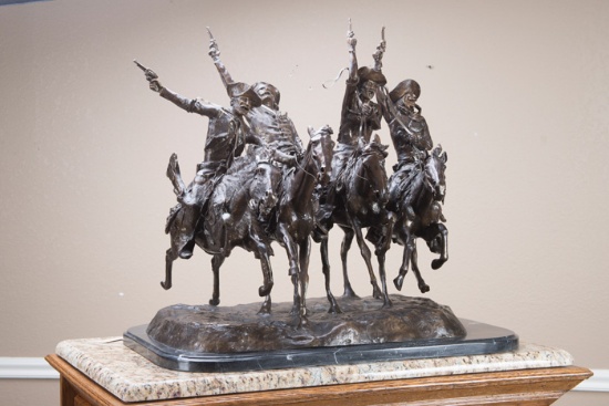 Large Bronze Western Sculpture titled "Coming Thru The Rye", and marked "Copyright Frederic Remingto