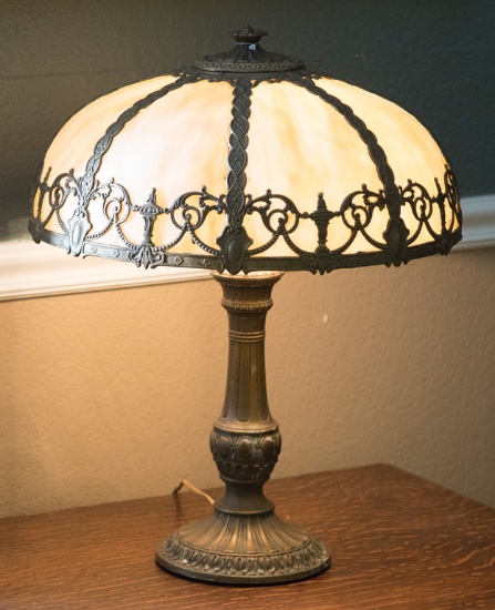 Fancy antique bent panel Lamp, circa 1920s, in original patina and condition, 18" shade, Lamp is 22"