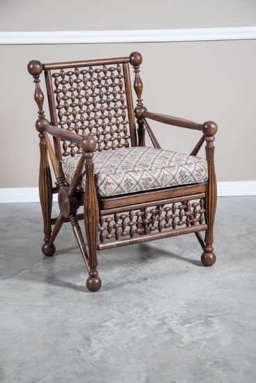 Most unique, antique oak Stick and Ball Arm Chair, circa 1915, with removable cushion, very unique s