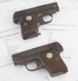 Unique pair of historical Colt, Model 1908, Hammerless Automatic Pistols, SN 393955 & SN 393761, wit