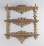 Unusual cast iron Shelf with 3 quarter sawn oak shelves, cast iron frame work is embossed with vines