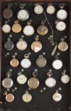 From the Dan Hardesty Estate.  A group of 25 antique & vintage Pocket Watches and one Watch Lighter,