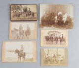 Six vintage Photographs on cardboard to include: Two Cowboys, Charlie Goyen on paint horse, the othe