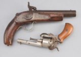 Two antique firearms to include: (1) Early single shot Percussion Belt Pistol.  (2) French Revolver
