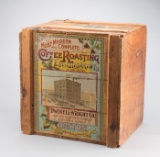 Very desirable, early wooden Country Store Shipping Box with hinged lid. On one side the advertiseme