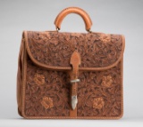 Incredible Bohlin marked, floral tooled Briefcase with Bohlin marked, hand engraved sterling silver