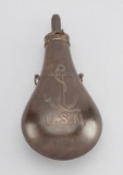 Large brass U.S. Navy Powder Flask embossed on front and back of the body with Naval fouled anchor o