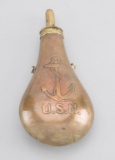 Large brass U.S. Navy Powder Flask embossed on front and back of the body with Naval fouled anchor o
