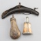 Three early Powder Flasks to include:  (1) Early hand carved wooden Powder Flask with leather caps o