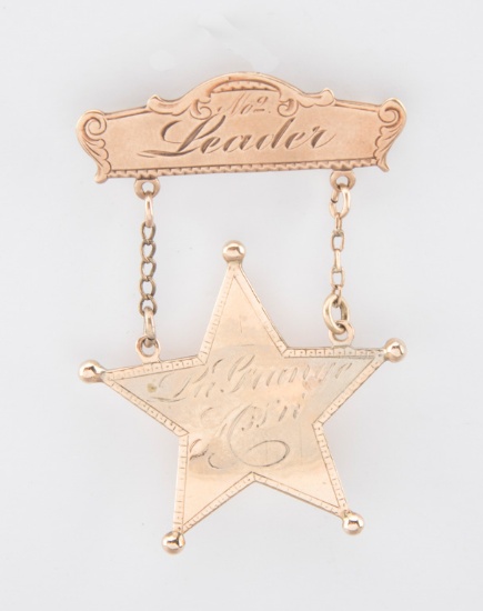Gold Suspension Badge with 5-point ball star, 2" across points, marked "No. 2 Leader, LaGrange Assn.