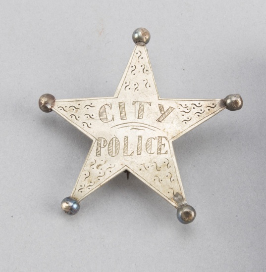 City Police Badge, early 5-point ball star, 2 1/4" across points, pre-1900.  George Jackson Collecti