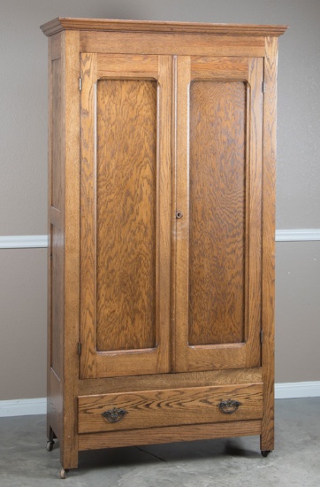 Antique double door, oak Wardrobe, with paneled doors and full width drawer at base, 79" T x 42 1/2"