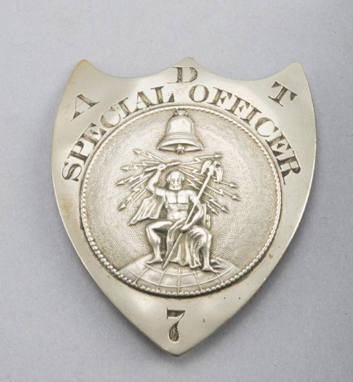 A.D.T. Special Officer #7 Badge, early shield, 3" T, with "T" pin, pre-1900.  George Jackson Collect