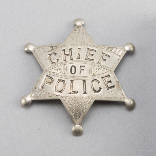 Chief of Police Badge, 6-point ball star, 2 1/2" across points, hallmark " Partridge Stamp Co., Seat