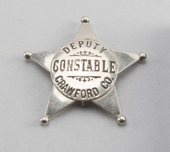 Deputy Constable, Crawford Co. Badge, (Kansas), 5-point ball star, 2 5/8" across points, hallmark "D