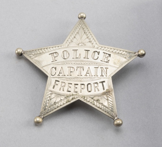 Police Captain, Freeport Badge, 5-point ball star, 2 7/8" across points, turn of the century.  Georg
