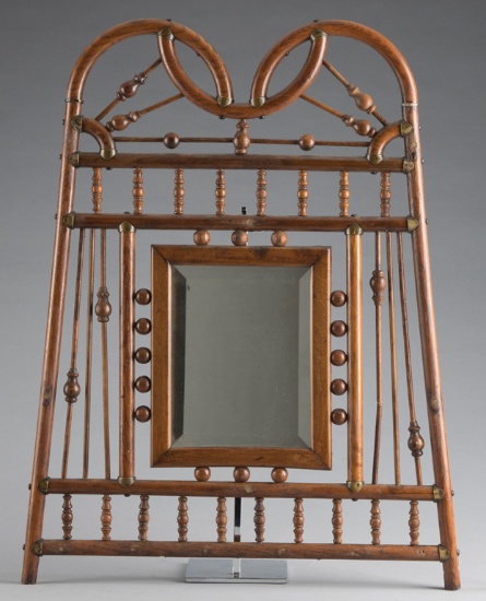 Most unique antique oak, stick & ball, beveled glass Hanging Mirror / Tie Rack, circa 1900, 27" T x