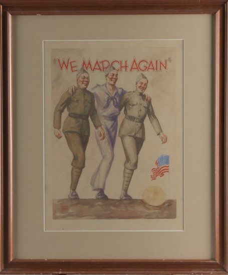 Actual framed Watercolor, dated 1930s, by artist Robert Davis, signed lower left, titled "We March A