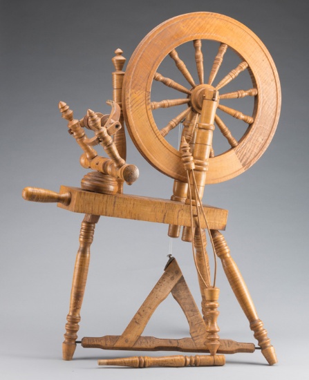 Antique Flax Wheel (Spinning), complete with yarn winder, 19" wheel, solid curly maple, 38 1/2" T.