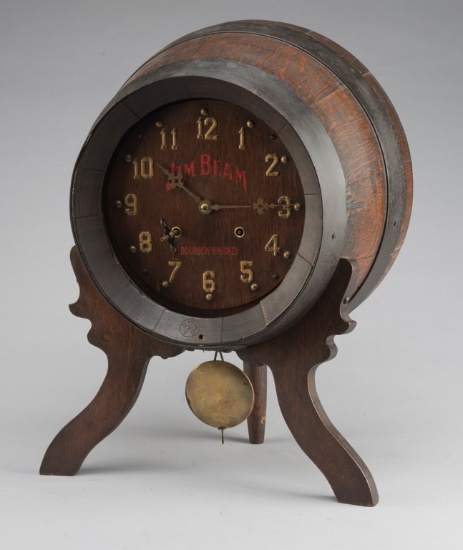Antique, oak case Advertising Clock, "Jim Beam Bourbon Whiskey" in a barrel shaped quarter sawn oak,