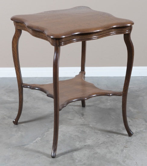 American antique oak Lamp Table, circa 1910, 23" scalloped top, full stretcher base, nice finish and