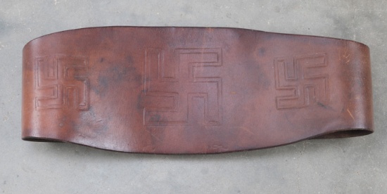 Leather Bronc Buster Belt marked "H.H. Heiser, Denver", triple belts, tooled rolling logs on front.