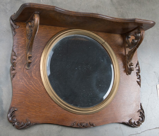 Unusual antique oak, round Hanging Mirror, circa 1900-1910, 21" T x 29" W, round beveled mirror is 1