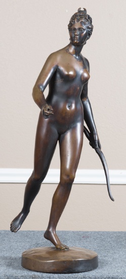 Original Bronze Sculpture by artist Hudon of Nude Lady with Bow, 32" T on bronze 9" diameter base, n